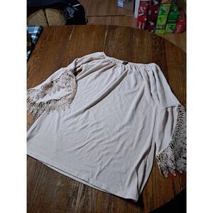 Large-XL Win Win Cream Khaki Open Sleeve Lace Knit Tunic Top Shirt